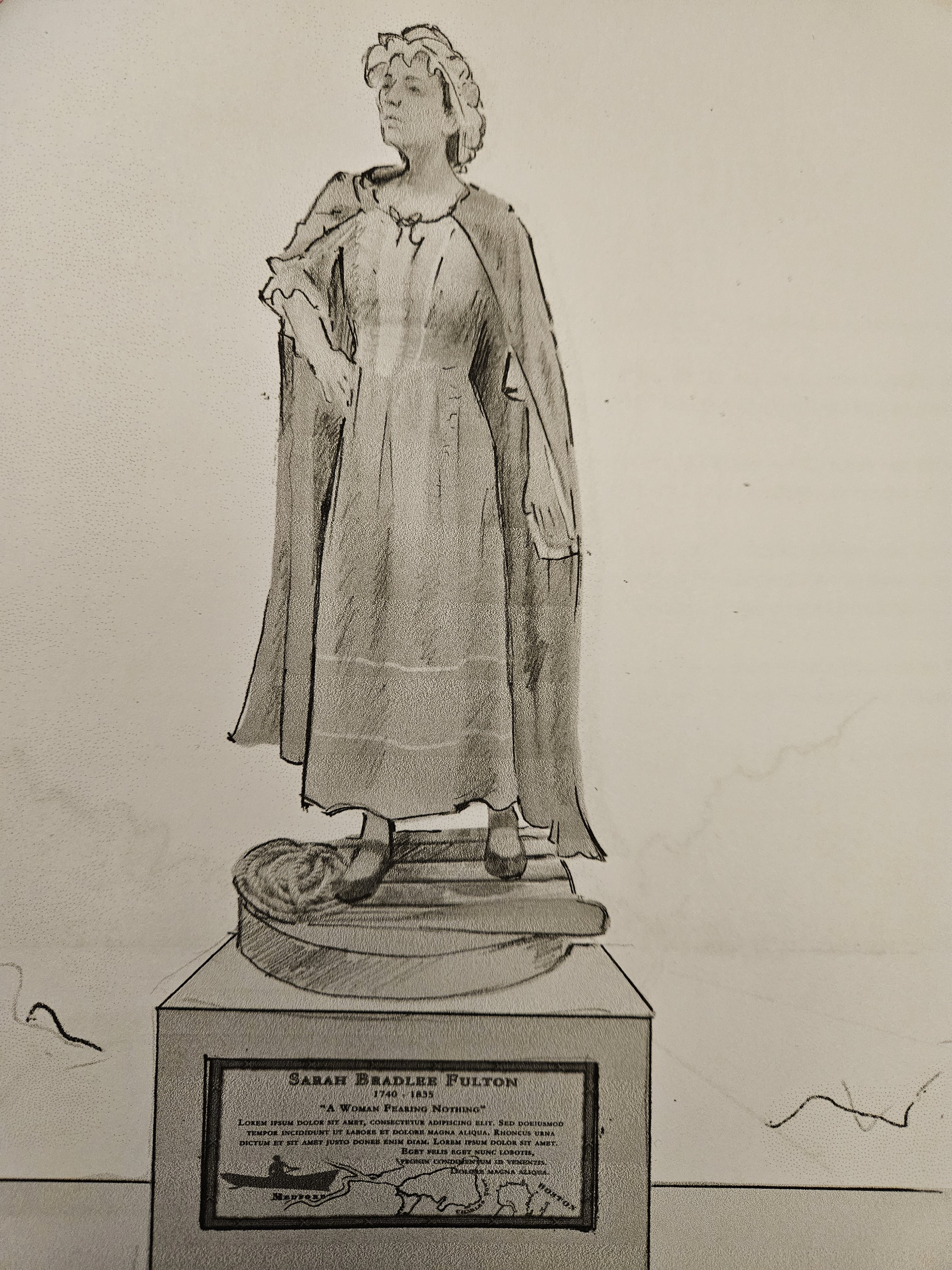 A black and white drawing of a statue of a woman