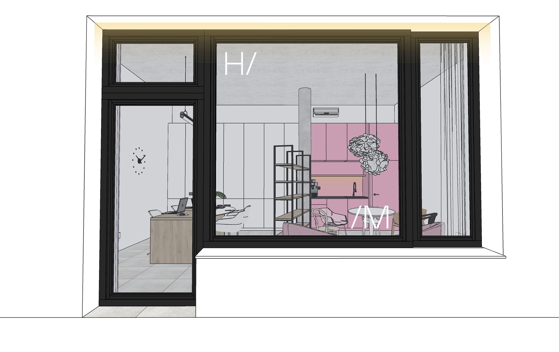 Moderní interiér s černě zarámovanými skleněnými stěnami, růžovým pokojem, žebříkem a policemi v minimalistickém designu.