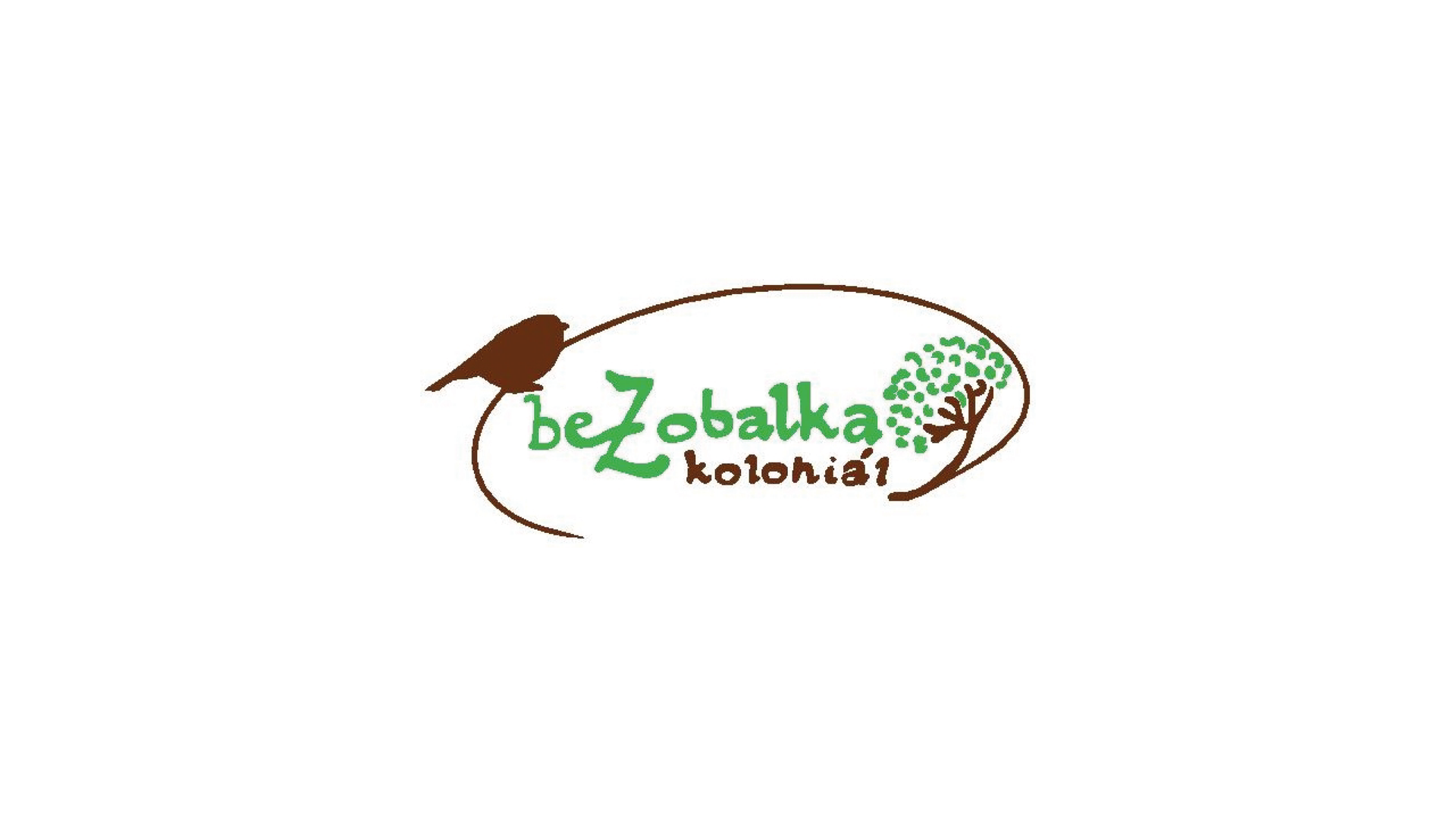 Logo se zeleným textem „bezobalkowo“ uvnitř hnědého oválu, s listy a malým ptáčkem vlevo