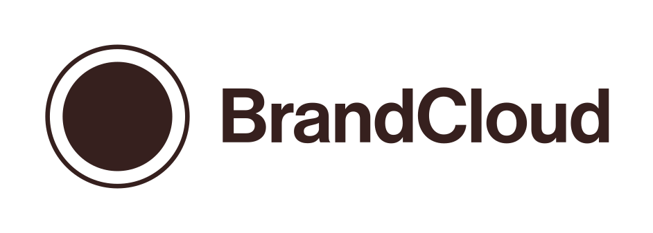 Logo BrandCloud s hnědou kulatou ikonou a černým textem na bílém pozadí