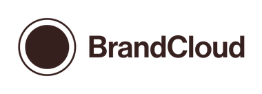 Logo BrandCloud s hnědou kulatou ikonou a černým textem na bílém pozadí
