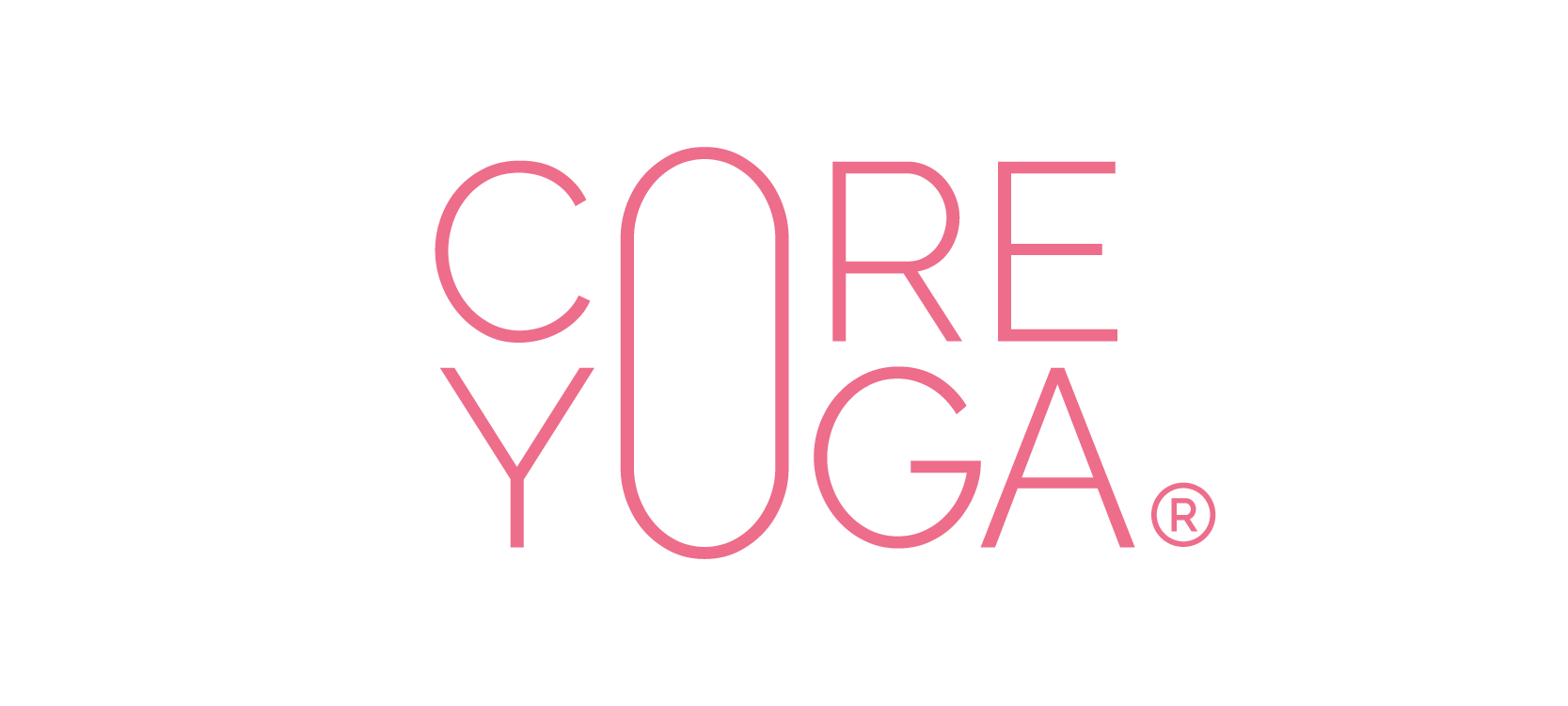 Logo Core Yoga v růžové barvě se stylizovaným textem na bílém pozadí