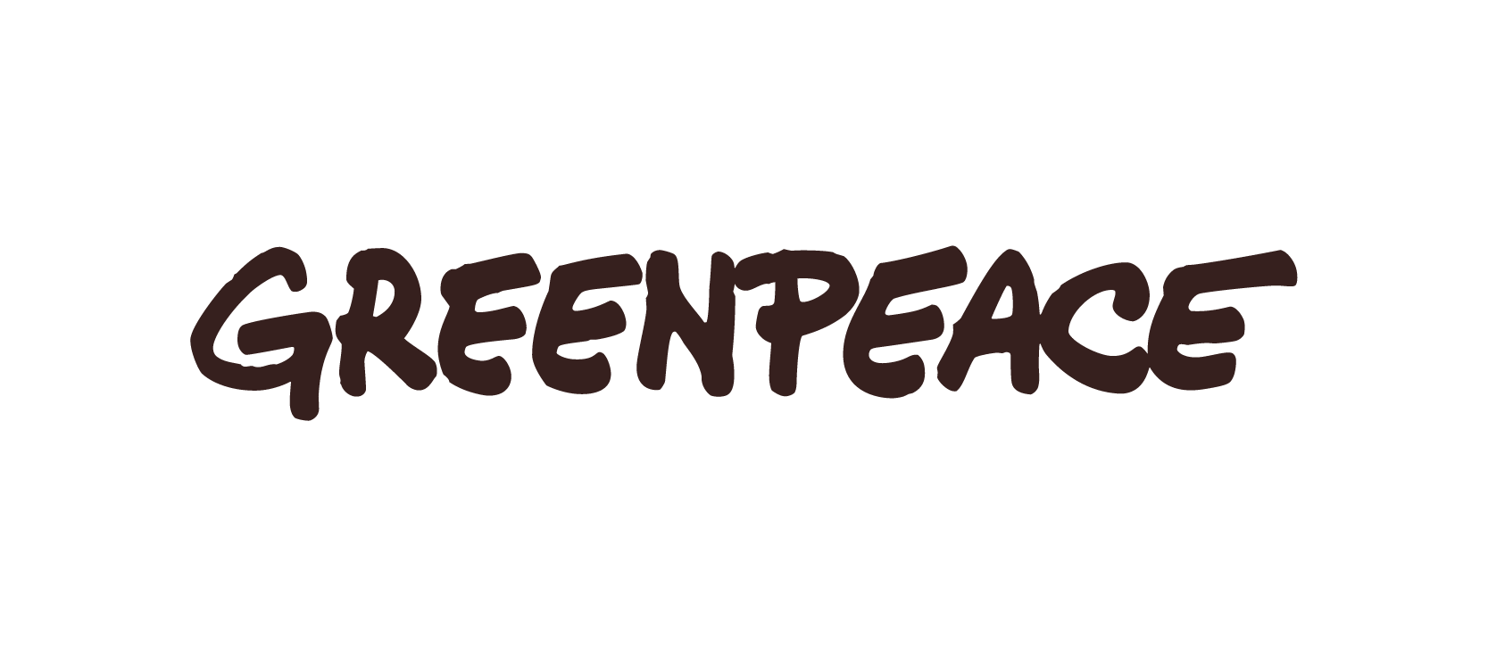 Logo Greenpeace v tmavě hnědém písmu ve stylu štětce na bílém pozadí