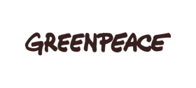 Logo Greenpeace v tmavě hnědém písmu ve stylu štětce na bílém pozadí