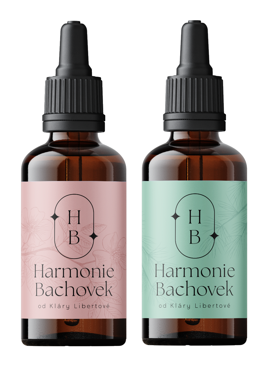 Dvě jantarové lahvičky s kapátkem s nápisem „Harmonie Bachovek“, jedna růžová, jedna mátově zelená.