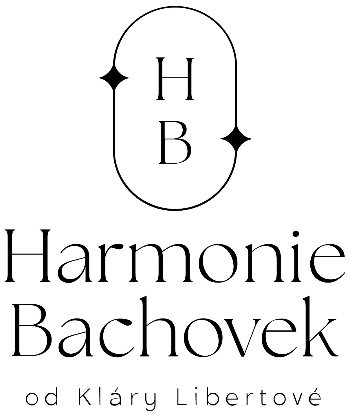 Logo čtení „Harmonie Bachovek“ s „od Kláry Libertové“ beneath, v černém a bílém pozadí.