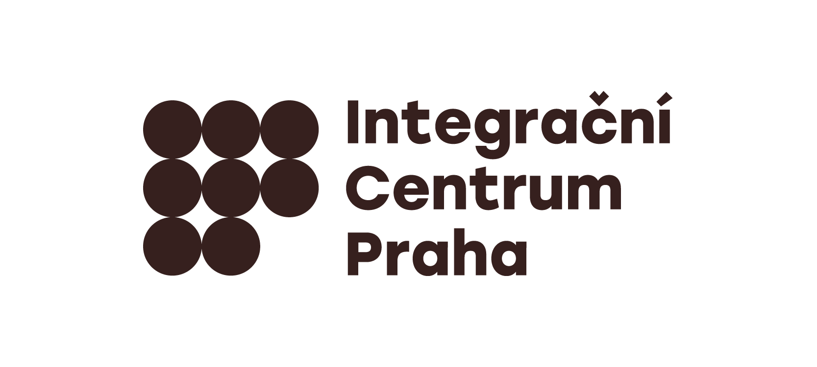 Logo of Integrační Centrum Praha with dark brown dot cluster and text on white background