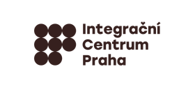 Logo of Integrační Centrum Praha with dark brown dot cluster and text on white background