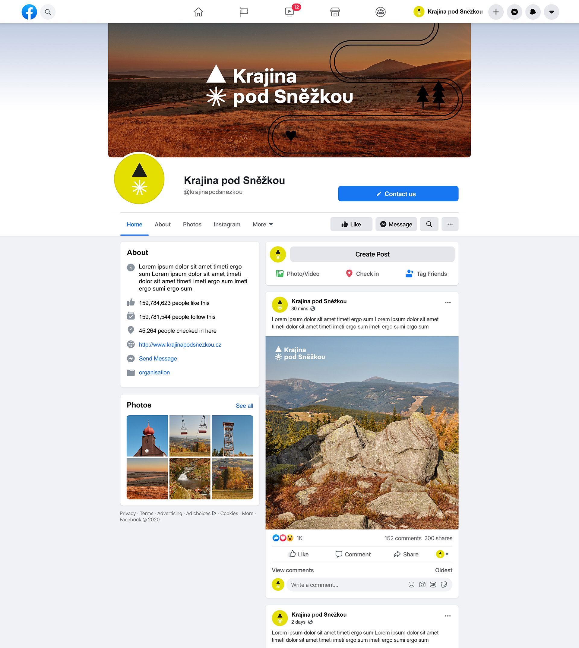 Facebook page for “Krušno pod Sněžkou” with a mountain banner and a scenic landscape post