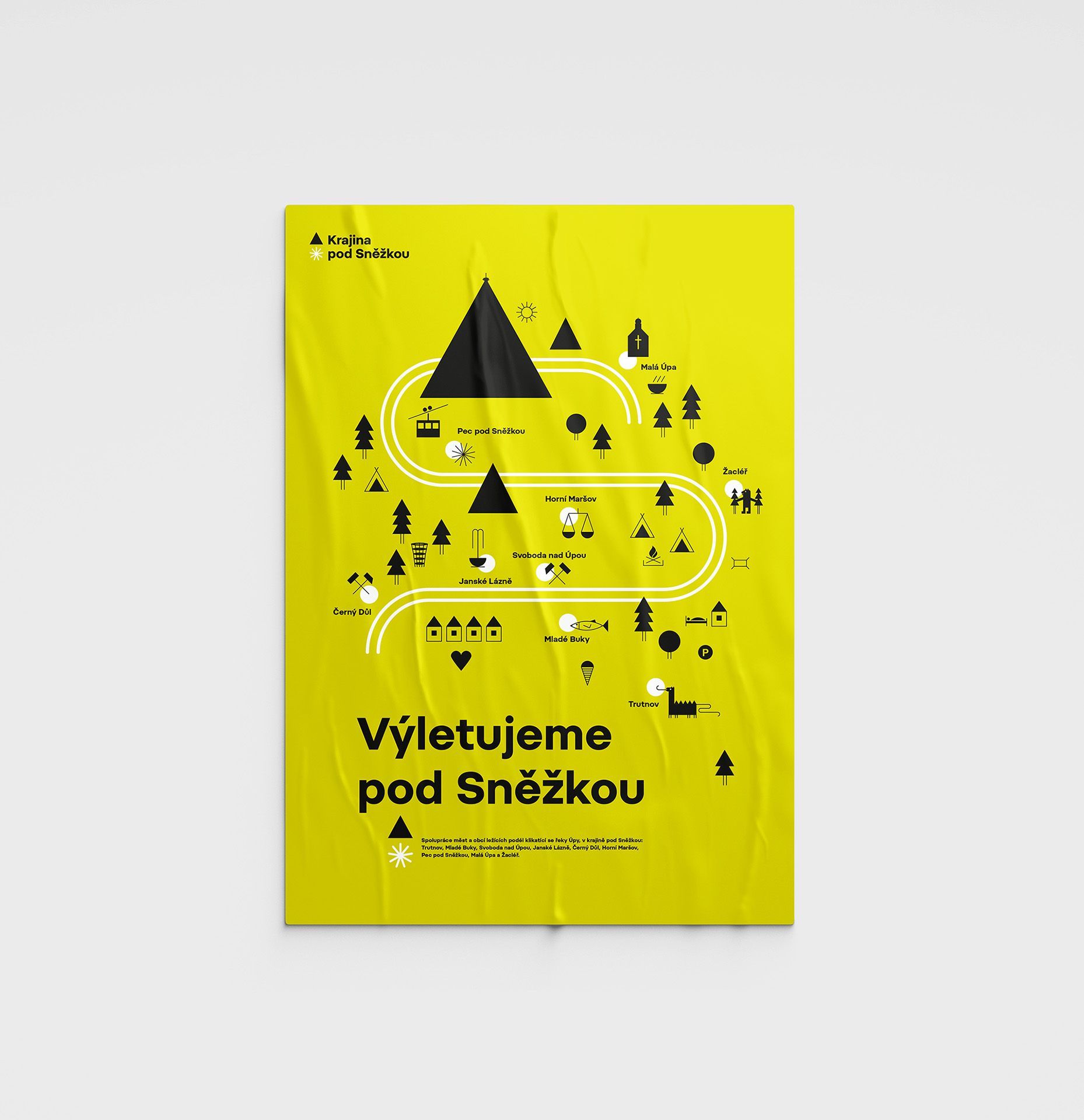 Yellow poster with a mountain trail map and the text “Výlety pod Sněžkou”