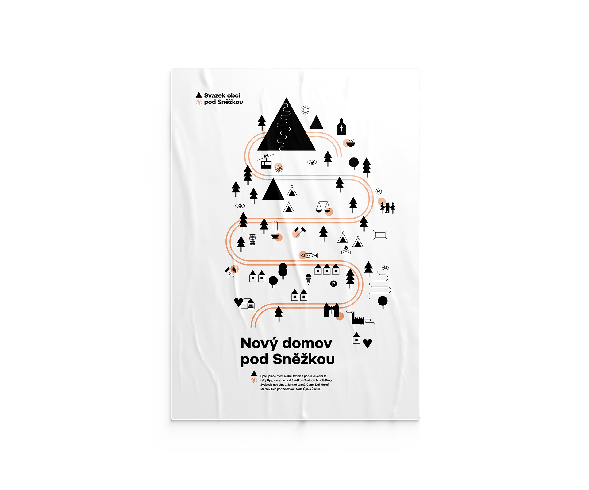 Bílý plakát s černou ilustrací stromu a mnoha ikonami malých zvířat; český text „Nový domov pod Sněžkou“