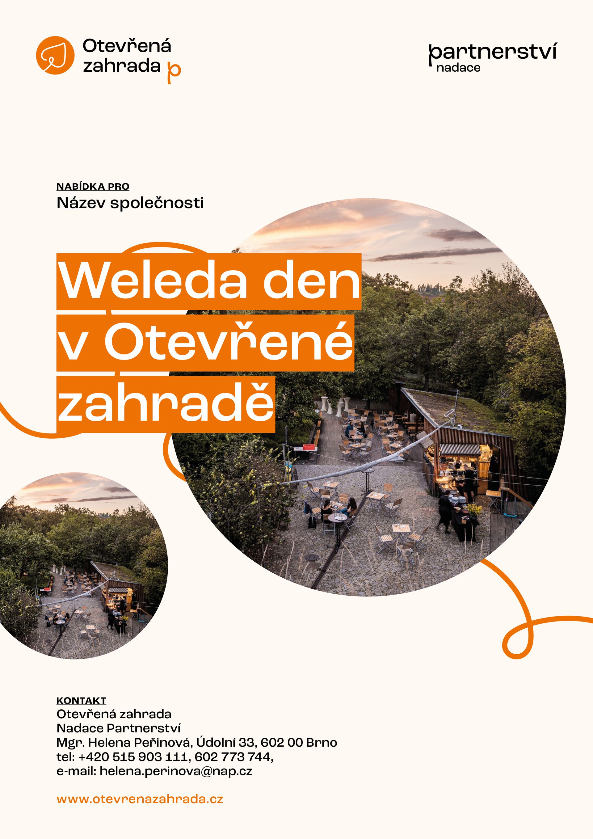 Plakát akce Weleda den v Otevřené zahradě s fotografiemi zahrady a oranžovým nadpisem
