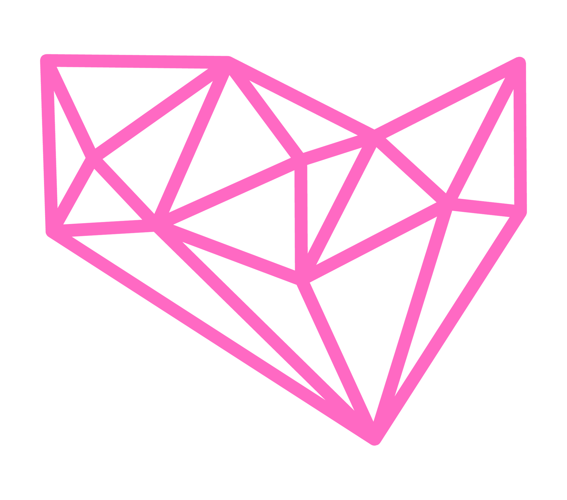 Růžové geometrické logo srdce s úhlovou čárovou grafikou na bílém pozadí