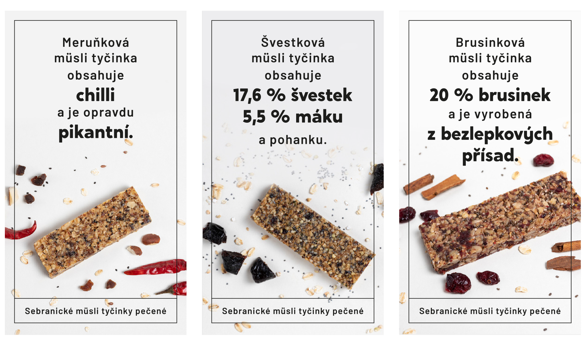 Tři reklamy na proteinové tyčinky v češtině zobrazující složení proteinových tyčinek a tvrzení o čokoládě, křupavosti a vyšším obsahu bílkovin.
