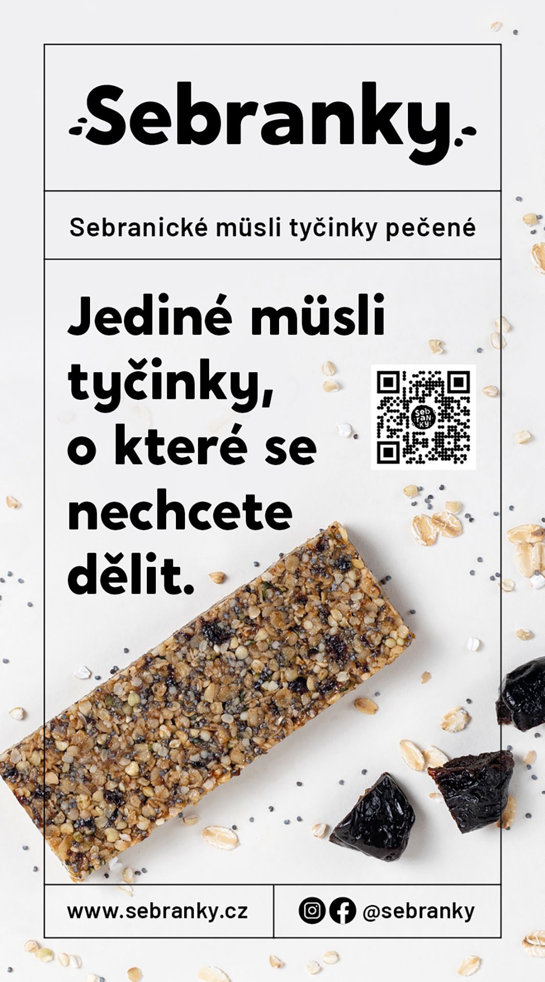 Reklama na müslibar Seberanky s müsli tyčinkou, českým textem a QR kódem na světlém pozadí
