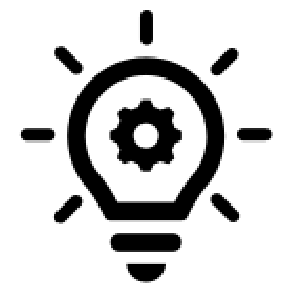 Black lightbulb with a gear inside and rays around it, symbolizing an idea or innovation