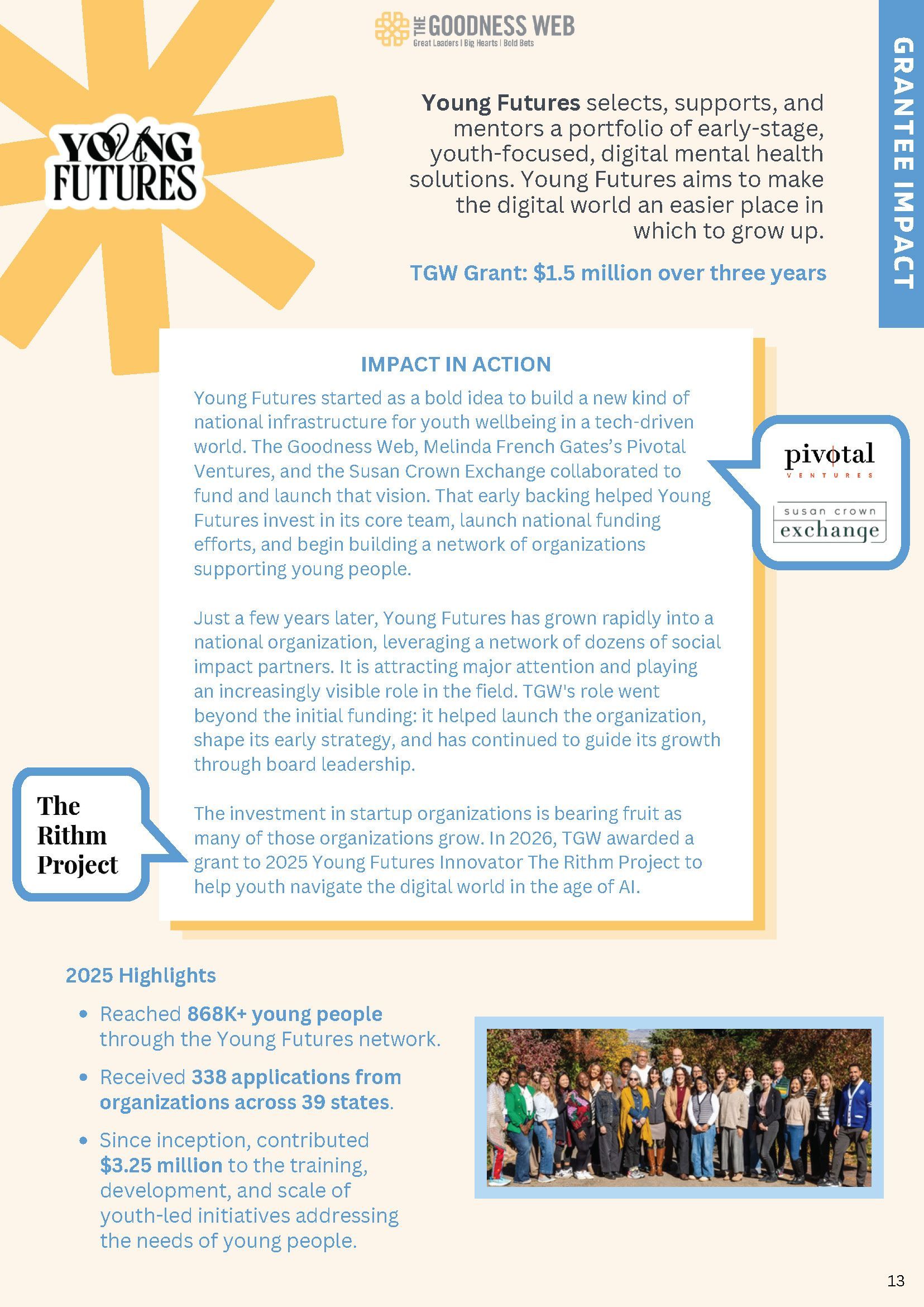 Youth Futures flyer with yellow ribbon, blue headings, and a group photo at the bottom