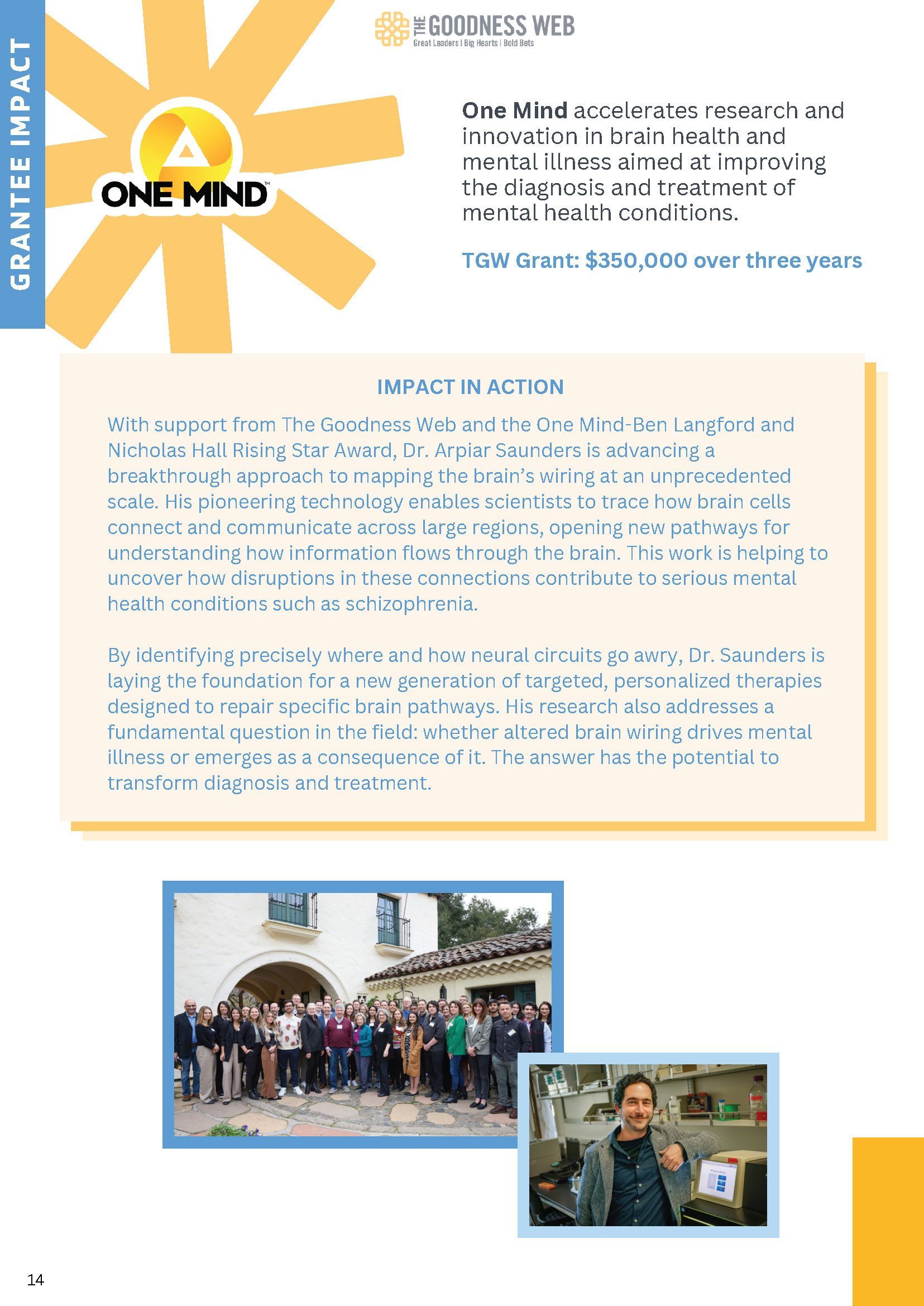 One Mind newsletter page with orange logo, text blocks, and two small event photos at the bottom