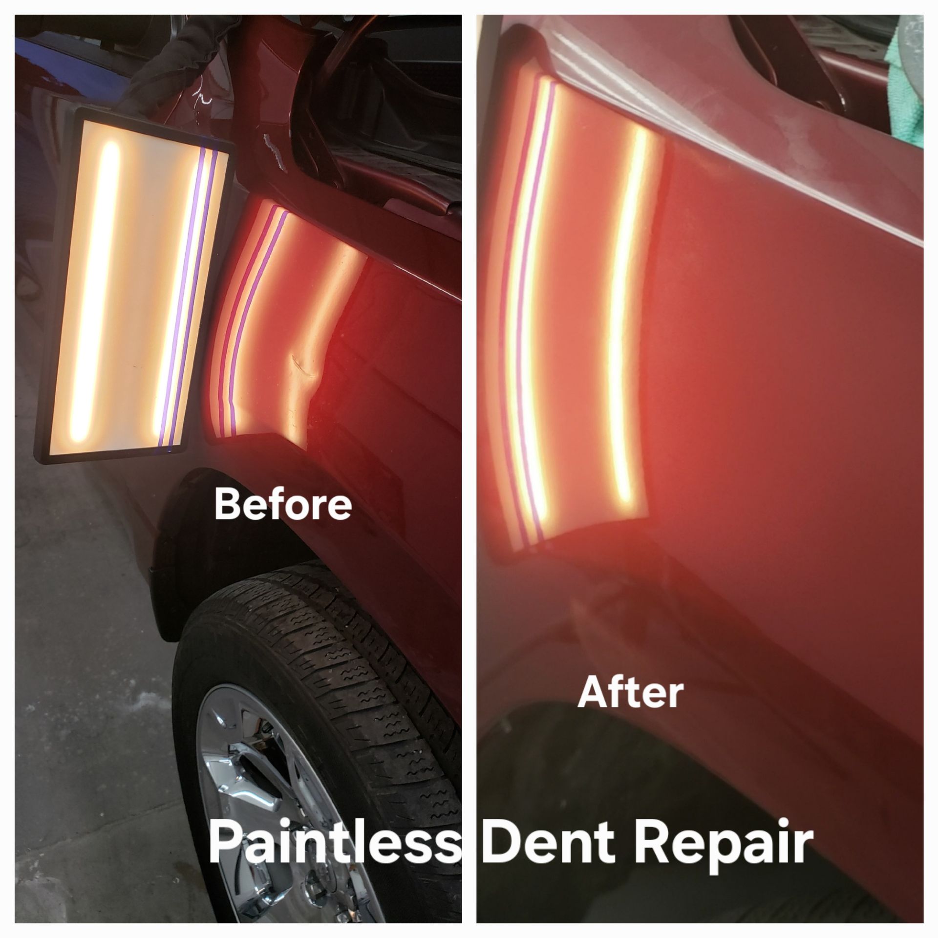 A before and after photo of a paintless dent repair