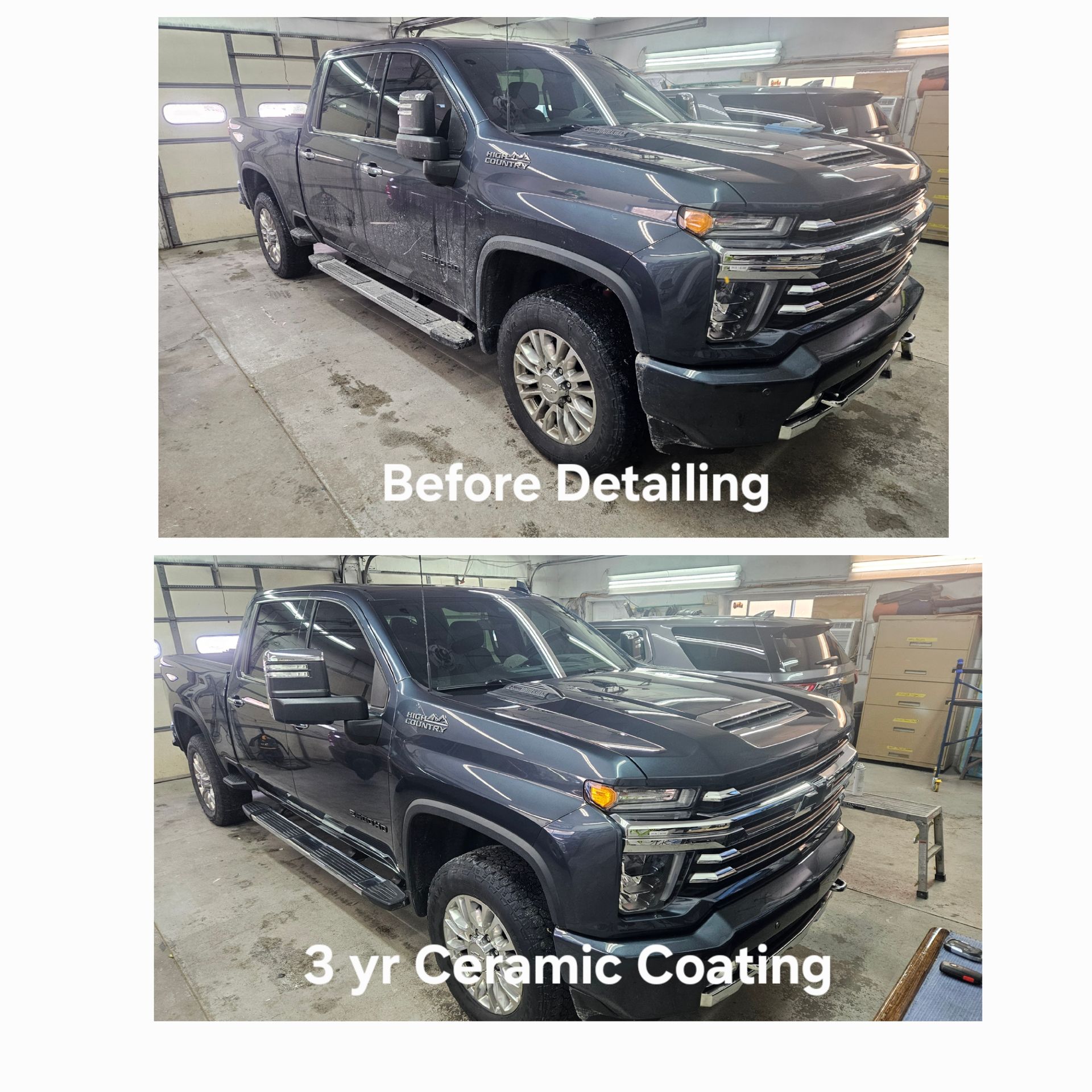 A before and after photo of a truck with ceramic coating.
