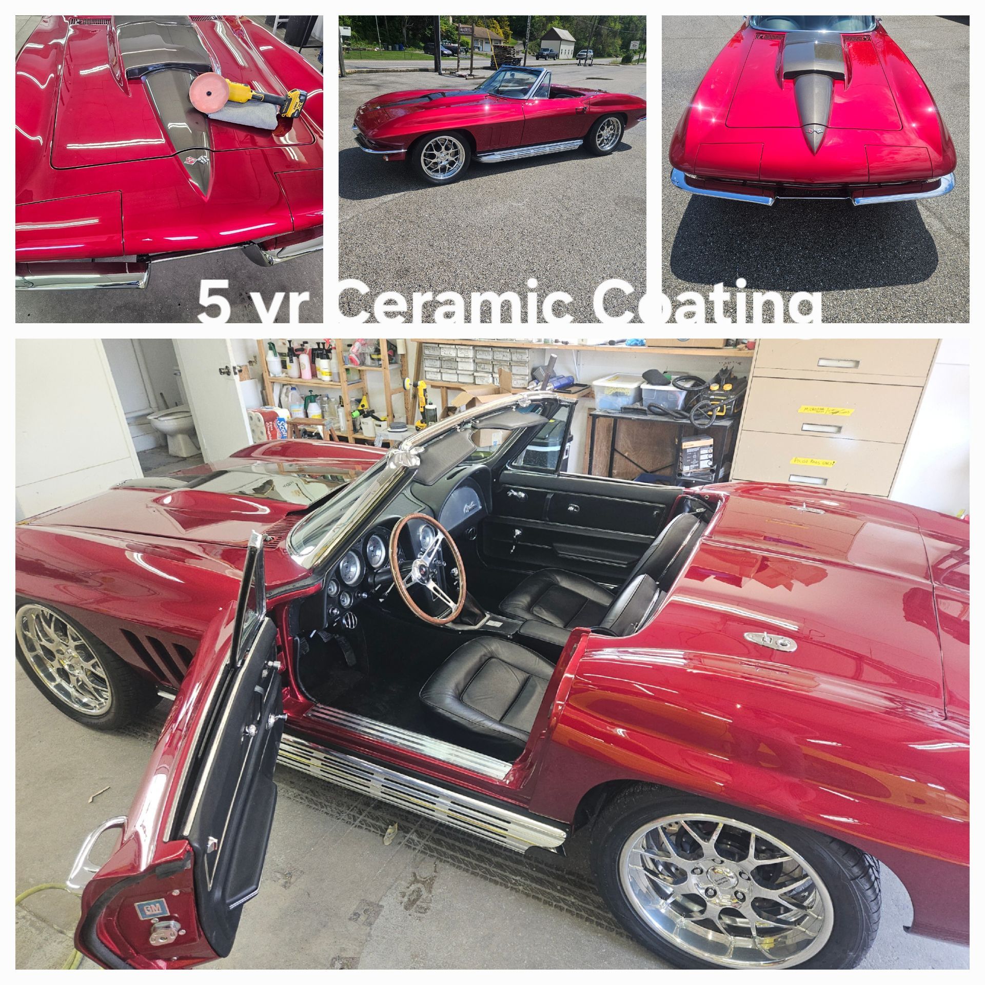 A red corvette is sitting in a garage with the door open