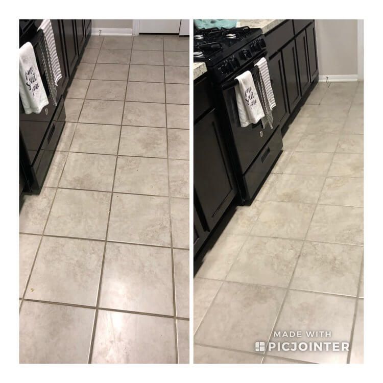 A before and after photo of a kitchen floor