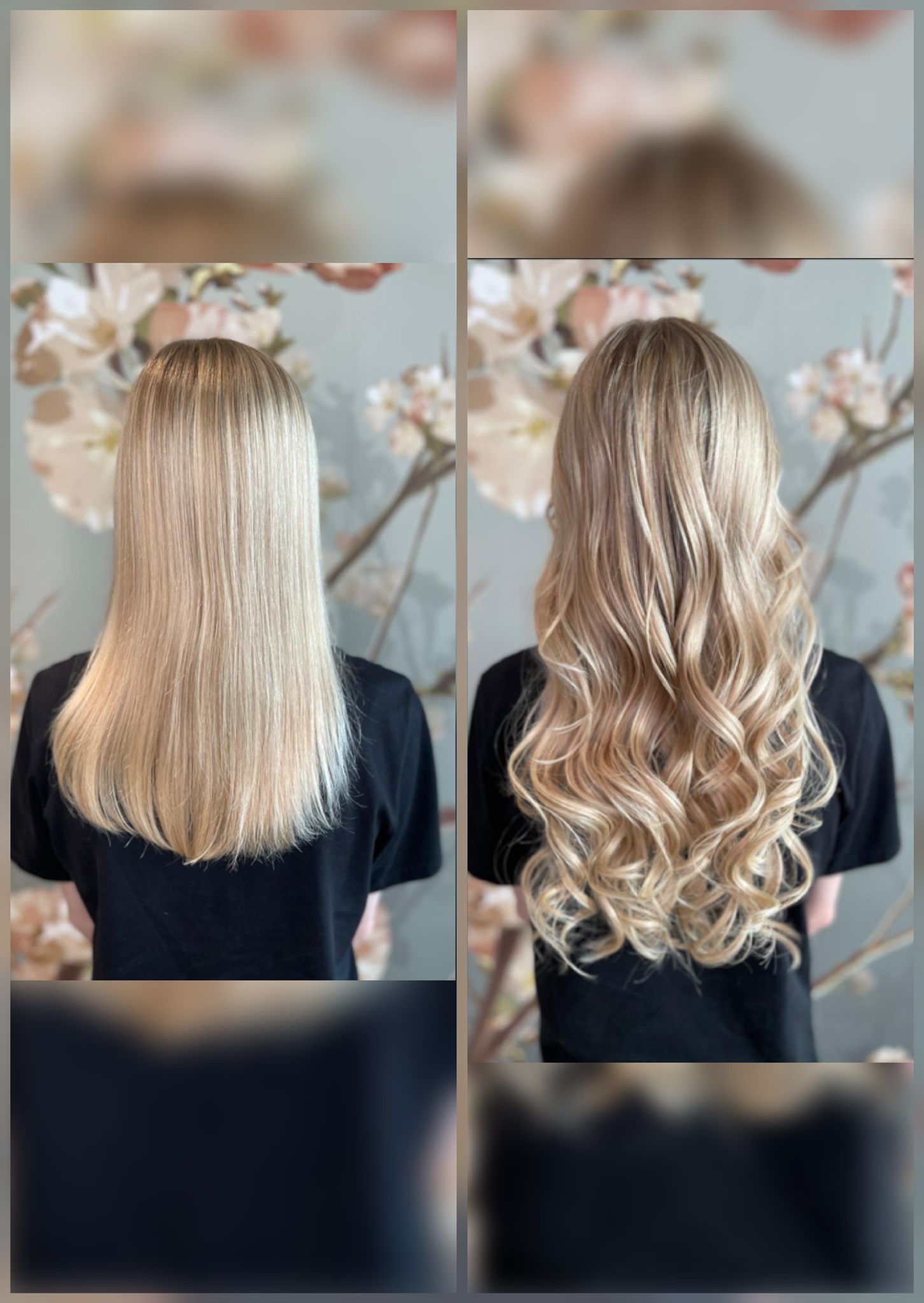Ein Vorher-Nachher-Foto der Haarverlängerungen einer Frau.