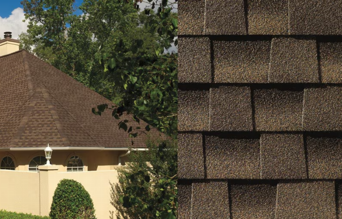 Toiture en bardeaux d'asphalte bruns sur une maison beige avec des arbres en arrière-plan. Gros plan sur les bardeaux.