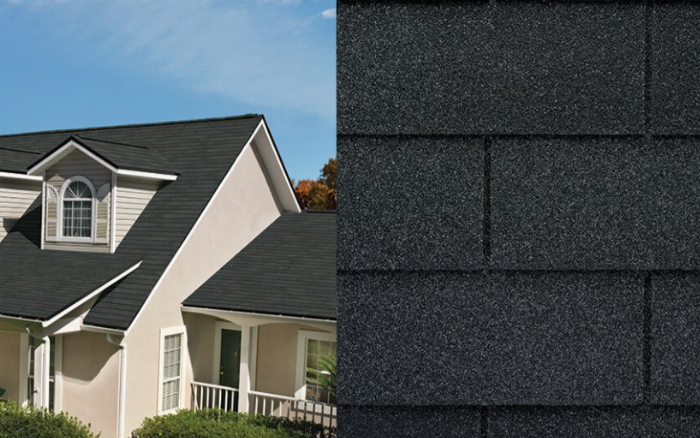 Bardeaux d'asphalte noirs sur le toit d'une maison, se détachant sur un ciel bleu ; gros plan détaillé de la texture des bardeaux.