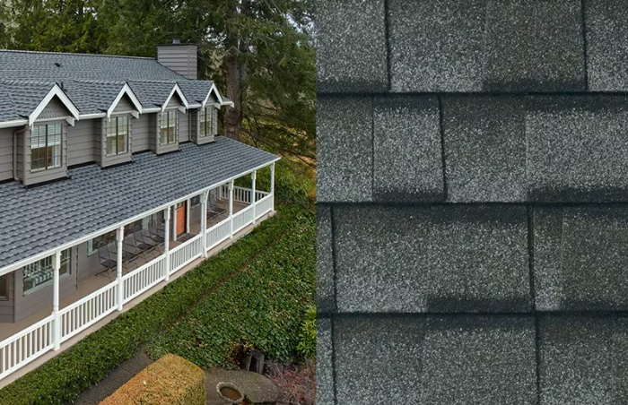 Maison avec toit en bardeaux gris, gros plan sur les détails, porche couvert et lucarnes.