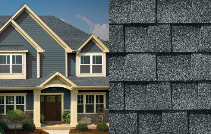 Maison bleue avec des bardeaux d'asphalte gris assortis ; un gros plan montre la texture des bardeaux.