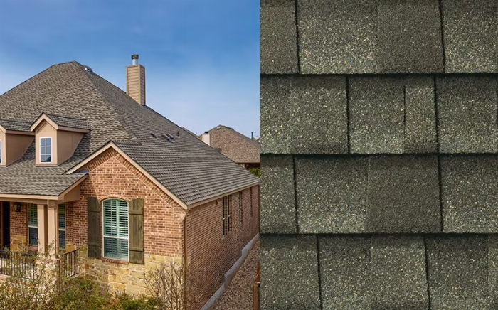 Maison en briques brunes avec un toit en bardeaux gris, à côté d'un gros plan de bardeaux gris.