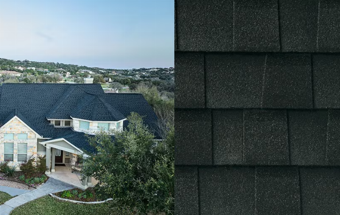 Maison au toit gris foncé, à côté d'un gros plan de bardeaux de toit gris foncé.