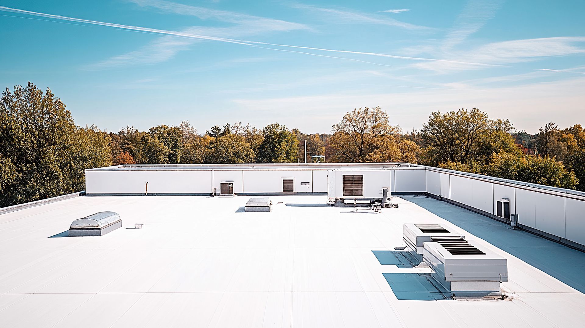 Toit plat commercial avec unités de climatisation sur fond de ciel bleu, arbres en arrière-plan.