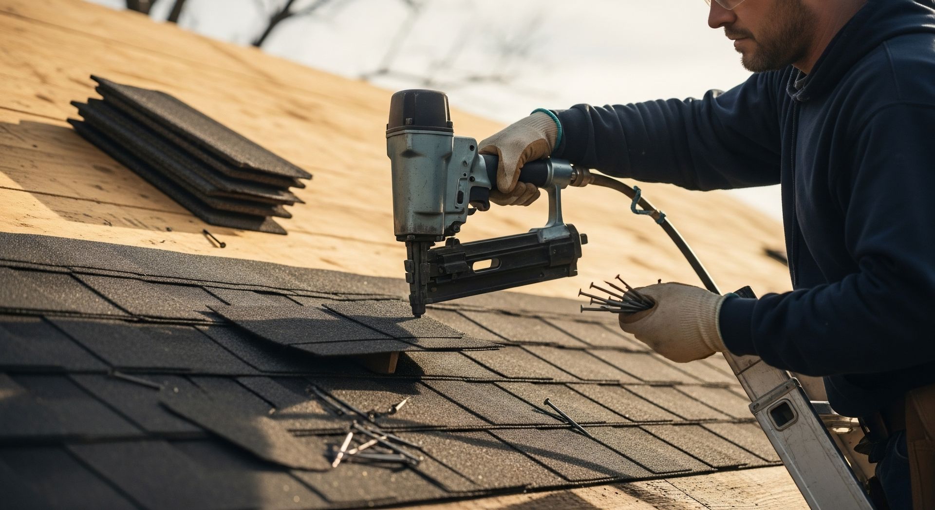 Un couvreur utilise un cloueur pneumatique pour fixer des bardeaux sur un toit en bois.