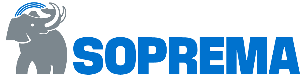 Logo de SOPREMA : mammouth gris avec texte bleu.
