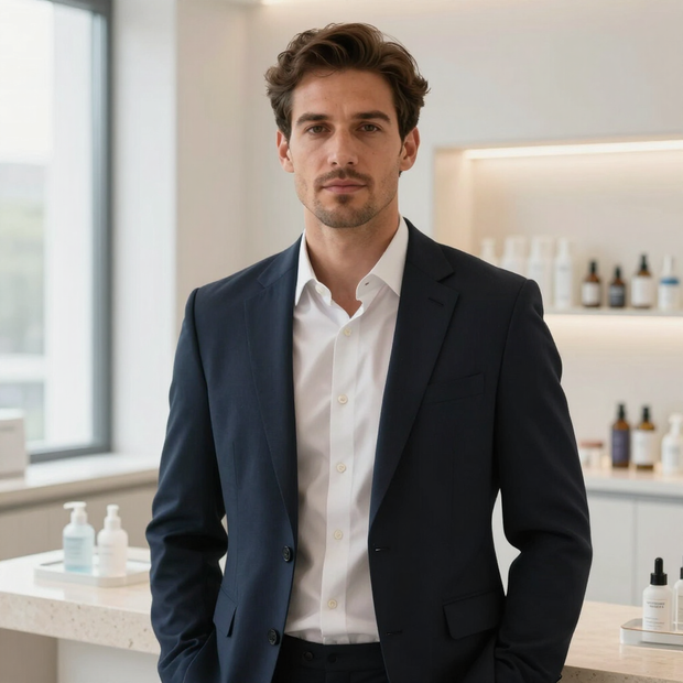 Man in a navy suit standing in a bright spa with bottles on shelves and counter