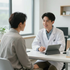 Doctor speaking with patient in a bright clinic office, seated across a desk with a tablet.