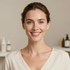 Smiling woman in a cream top in a softly lit skincare studio with bottles on shelves behind her