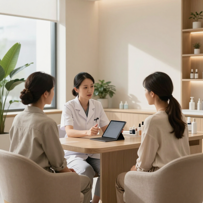 Doctor consulting two patients at a bright, modern clinic table with a tablet and notebooks