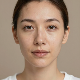 Close-up portrait of a person with a neutral expression against a plain beige background