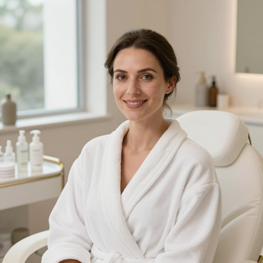 Woman in a white robe seated in a spa treatment room, smiling by a window with skincare bottles nearby