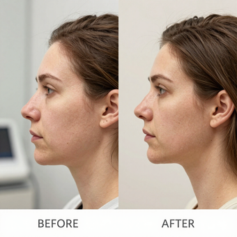 Side-by-side profile comparison of a woman labeled “BEFORE” and “AFTER” with a more defined jawline.