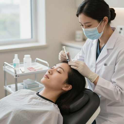 Beautician applying treatment to a reclining client in a spa clinic room