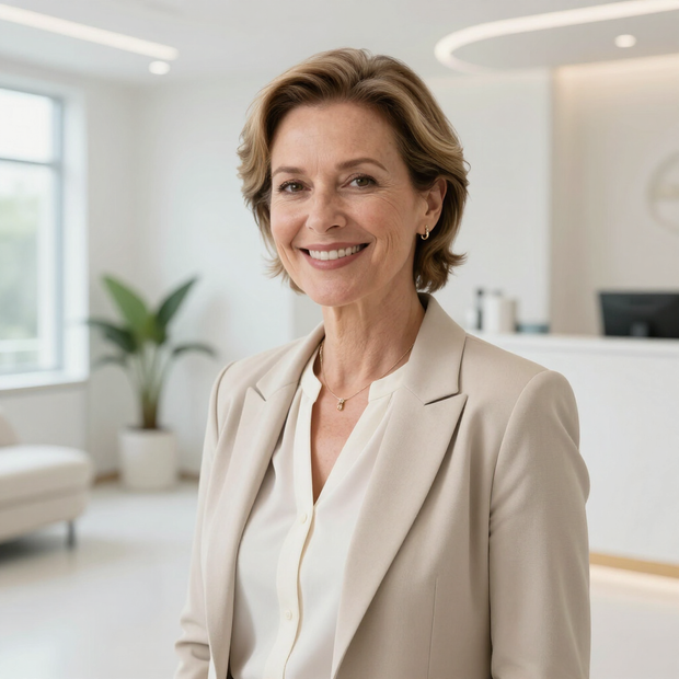 Smiling professional in a light beige suit in a bright, modern office lobby