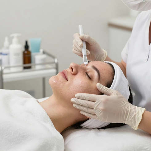 Cosmetic facial treatment with gloved practitioner applying serum to woman’s forehead in a spa clinic