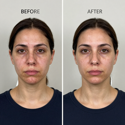 Side-by-side before-and-after portraits showing a woman with improved facial appearance.