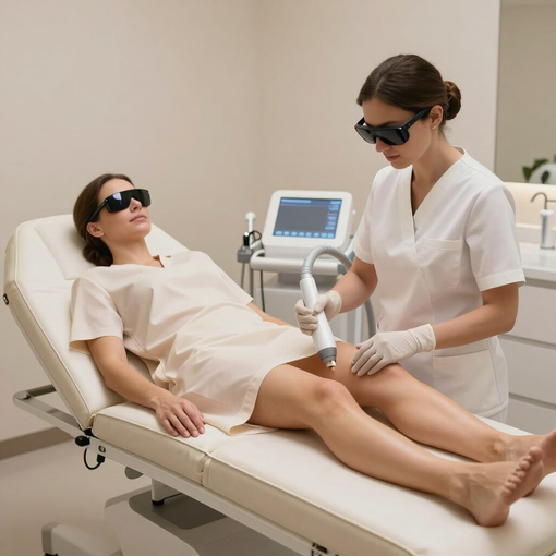 Clinician using a laser device on a patient reclining on a treatment bed in a bright clinic room