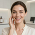 Smiling woman in a light blouse touching her face in a bright office setting