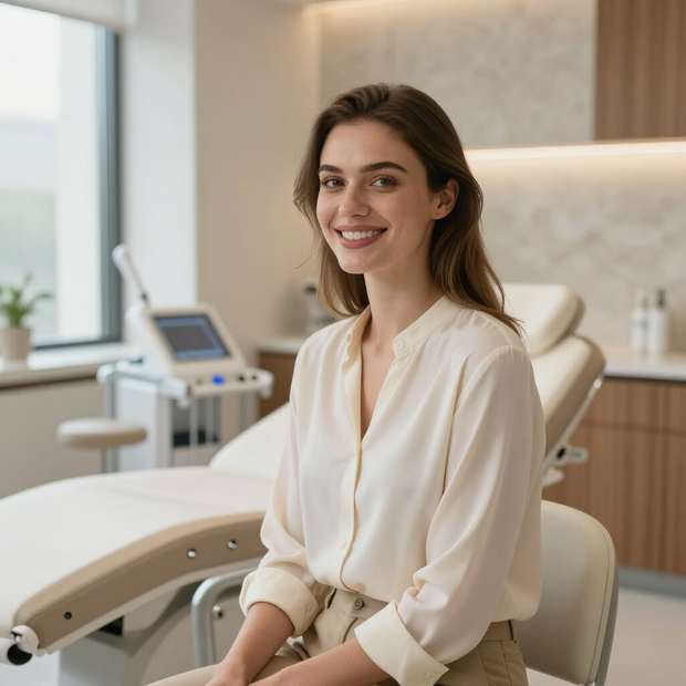 Smiling woman seated in a modern clinic treatment room, wearing a cream blouse.